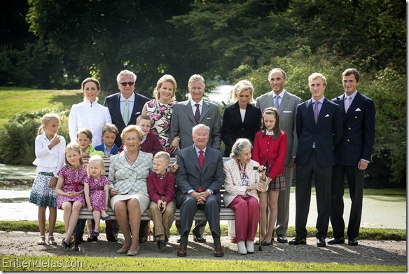 BRUSSELS, BELGIUM: (Top L-R) Princess Claire of Belgium, Prince Laurent of Belgium, Princess Mathilde of Belgium, Crown Prince Philippe of Belgium, Princess Astrid of Belgium, Prince Lorenz of Belgium, Prince Joachim, Prince Amedeo, (Center row L-R) Princess Louise, Prince Aymeric, Prince Nicolas, Prince Gabriel, Princess Laetitia Maria, (First row L-R) Princess Elisabeth, Princess Eleonore, Queen Paola of Belgium, Prince Emmanuel, King Albert II of Belgium and Queen Fabiola of Belgium pictured during a photoshoot with the Belgian Royal Family at the Castle of Laeken-Laken, Brussels, Sunday 02 September 2012. </p>
<p>©ÊOlivier Polet