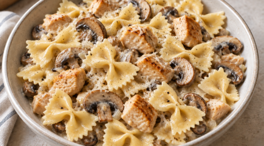 Farfalle cremosos con pollo y champiñones