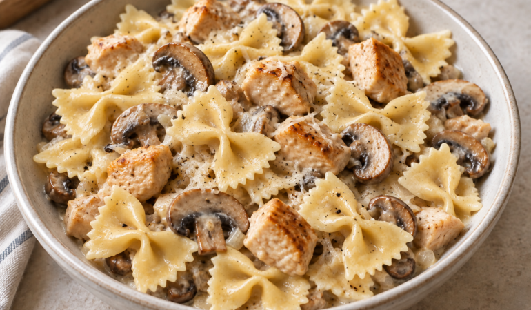 Farfalle cremosos con pollo y champiñones Farfalle cremosos con pollo y champiñones